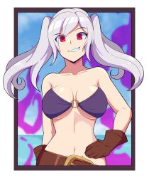 1girls alternate_costume aura bare_midriff belt bikini breasts clenched_teeth dark_aura evil_grin evil_smile female female_only fire_emblem fire_emblem_awakening fire_emblem_heroes grima_(fire_emblem) grin large_breasts medium_hair midriff mrpenguin nintendo o-ring o-ring_bikini ocean official_alternate_costume outdoors purple_bikini purple_swimsuit red_eyes remake robin_(fire_emblem) robin_(fire_emblem)_(female) smile solo swimsuit twintails underboob upper_body