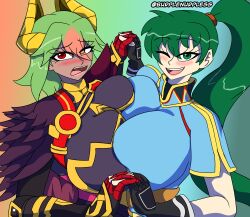 2girls ;d asymmetrical_docking blush breast_press burplenurpless chocolate_and_vanilla clothed dark-skinned_female dark_skin embarrassed female female_only fingerless_gloves fire_emblem fire_emblem:_the_blazing_blade fire_emblem_heroes frown fully_clothed gloves green_eyes green_hair holding_hands horns huge_breasts laegjarn_(fire_emblem) long_hair lyn_(fire_emblem) medium_hair multicolored_hair multiple_girls nintendo open_mouth ponytail red_eyes short_sleeves smile very_long_hair