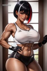 1girls ai_generated curvaceous curvy_figure dark_skin diffusionlad female female_focus female_only gym gym_shorts looking_at_viewer muscular_female seductive_look stable_diffusion three_tone_hair