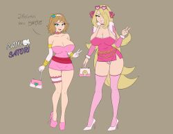 2girls alternate_breast_size big_breasts blonde_hair cynthia_(pokemon) huge_breasts pokemon pokemon_(anime) pokemon_dppt pokemon_xy satosatori serena_(pokemon) slutty_outfit thighs