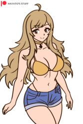 1girls alternate_costume bikini bikini_under_clothes black_eyes blonde_hair breasts cleavage fire_emblem fire_emblem_fates hayato_stuff jean_shorts large_breasts long_hair looking_at_viewer navel nintendo ophelia_(fire_emblem) short_shorts shorts smile solo swimsuit yellow_bikini yellow_swimsuit