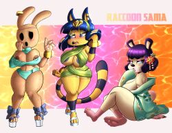 3girls animal_crossing animal_crossing_new_horizons ankha ankha_(animal_crossing) anthro anthrofied areolae bangs bangs_over_eyes barefoot bear bear_ears bear_girl bear_tail big_areola big_breasts blue_eyes blue_hair blush breasts brown_lipstick bunny_ears bunny_girl bunny_tail cat_ears cat_tail catgirl cleavage cleavage_overflow coco_(animal_crossing) egyptian egyptian_headdress feet female female_focus fur furry furry_only green_eyes gyroid hair_bun hair_ornament heels kimono kimono_down knees_together_feet_apart legs_crossed nintendo nip_slip nipple_bulge nipple_piercing nipples no_bra no_panties outfit_swap pekoe_(animal_crossing) piercing piercings purple_hair raccoon_sama red_lipstick sharp_nails short_hair simple_background slutty_outfit stripper_heels thick_thighs tight_clothing toes undressing video_game_character white_fur wide_hips yellow_fur