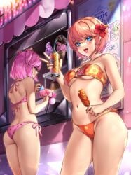 2girls 5_fingers artist_name ass back bare_shoulders belly_button bikini bikini_bottom bikini_top blue_eyes boobs breasts butt can corn_dog corndog credit_card doki_doki_literature_club drinking_straw english_text female female_human female_only flower flower_in_hair food human human_female human_focus human_only ice_cream ice_cream_cone ice_cream_truck innie_belly_button mouth_open multiple_girls natsuki_(doki_doki_literature_club) only_female open_mouth peace_sign pink_bikini pink_bikini_bottom pink_bikini_top pink_eyes pink_hair potetos7 print_bikini print_bikini_bottom print_bikini_top sayori_(doki_doki_literature_club) straw strawberries strawberry strawberry_blonde_hair strawberry_print text thighs twitter_username underboob wallet