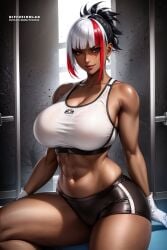 1girls ai_generated curvaceous curvy_body dark-skinned_female dark_skin diffusionlad female female_focus female_only gym gym_shorts looking_at_viewer muscular_female seductive_look stable_diffusion three_tone_hair voluptuous voluptuous_female