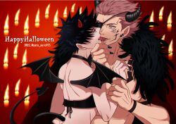 2022 2boys arm_tattoo black_hair black_nails candle dated demon_boy demon_horns demon_tail demon_wings eye_contact facial_tattoo feathers french_kiss fushiguro_megumi gay grabbing_another's_chin green_eyes halloween hand_on_another's_chin happy_halloween height_difference holding_another's_wrist horns jujutsu_kaisen kissing looking_at_another male male_focus male_only multi_eye multiple_boys muscular muscular_male nipples pectorals ryoumen_sukuna_(jujutsu_kaisen) sato_zero915 shoulder_tattoo size_difference tail tattoo tongue tongue_out tongue_tattoo wings yaoi