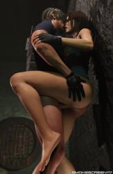 1boy 1girls 3d 3d_(artwork) against_wall ass athletic athletic_female big_ass blender breasts brown_hair capcom feet half-dressed hand_on_hip jill_valentine jill_valentine_(sasha_zotova) leg_up legs leon_scott_kennedy leon_scott_kennedy_(eduard_badaluta) passionate resident_evil sex smokescreen117 standing standing_on_one_leg standing_sex straight vaginal_penetration vaginal_sex