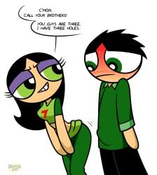 1boy 1girls aged_up black_hair blush bouncing_ass butch_(powerpuff_girls) buttercup_(powerpuff_girls) erection_under_clothes eyelashes fully_clothed green_eyes powerpuff_girls simple_background standing suggesting_gangbang suggesting_threesome suggestive_dialogue suggestive_look suggestive_pose suggestive_smile sweat teasing teenage_boy teenage_girl teenager teenager_on_teenager twerking xierra099