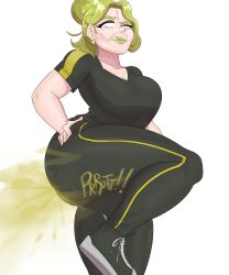 1girls big_ass big_butt billdenovo fart fart_cloud fart_fetish farting green_eyes green_hair green_lipstick hair_bun leg_up lipstick mole mole_under_eye solo_female standing thick_thighs