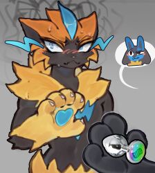 2025 absurd_res anthro black_body black_fur blue_body blue_eyes blue_fur blush bodily_fluids buttplug canid canine duo felid feline fur generation_4_pokemon generation_7_pokemon hi_res legendary_pokemon loppifi lucario male nintendo plug_(sex_toy) pokemon pokemon_(species) sex_toy sweat sweatdrop yellow_body yellow_fur zeraora