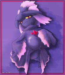 big_breasts bullelewds floating ghost ghost_girl ghost_type mismagius no_hands no_panties pinup pokémon_(species) pokemon pokemon_(species) pokemon_dppt purple_body purple_hair purple_skin pussy red_eyes short_dress short_legs shortstack tattoo witch witch_hat yellow_sclera