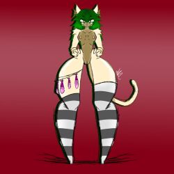 1girls anthro big_thighs breasts breasts_out catgirl condom_belt cum_in_mouth emo female female_only furry goth_girl green_hair oc original_character red_eyes siamese standing thick_thighs thighhighs vagina