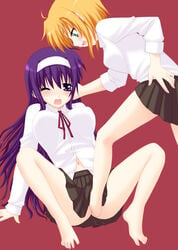 2girls arisa_bannings barefoot feet female female_footjob femdom footjob footjob_under_clothes looking_down lyrical_nanoha mahou_shoujo_lyrical_nanoha mahou_shoujo_lyrical_nanoha_strikers multiple_girls saki_chisuzu skirt spread_legs standing standing_footjob toes tsukimura_suzuka yuri