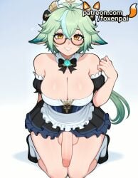 1boy 1futa 2025 ai_generated animal_ears artist_name cat_ears cock cum dick dress erection foreskin foxenpai futanari genshin_impact glasses gradient gradient_background green_hair hat hi_res high_quality high_resolution highres long_hair maid_headdress male_focus multicolored_hair orange_eyes otoko_no_ko patreon patreon_username penis phimosis ponytail precum rule_63 semi-rimless_eyewear smile socks solo stable_diffusion sucrose_(genshin_impact) testicles uncensored watermark white_legwear