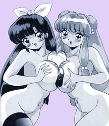 artist_request blush bow breast_press breasts covering dark_hair double_bun female female_only food hairbow human large_breasts large_nipples long_hair monochrome multiple_girls nipples nude nude_cover onigiri open_mouth pointy_chin ranma_1/2 shampoo_(ranma_1/2) smile symmetrical_docking ukyo_kuonji