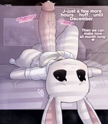 1futa absurd_res anthro balls beastars bed bedroom big_balls big_penis blush bodily_fluids bottomwear clothed clothed_anthro clothed_gynomorph clothing cum destroy_dick_december dialogue domestic_rabbit dwarf_rabbit erection footwear ftg_crossgender fti_crossgender furniture furry_futa futanari genital_fluids genitals gynomorph haru_(beastars) hi_res huge_balls huge_cock hyper_penis intersex lagomorph leporid looking_at_viewer looking_back looking_back_at_viewer lying mammal meme miniskirt no_nut_november on_back oryctolagus penis plundered rabbit rule_63 school_uniform skirt socks solo solo_futa throbbing throbbing_penis uniform upside-down vein veiny_penis