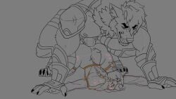 2025 2d_animation 4_toes accessory anal anal_sex animated anthro antler_accessory antlers armor ass beard bubble_butt butt_jiggle canid claws clothed clothing crouching deer digital_media_(artwork) dominant dominant_male duo facial_hair feet finger_claws frame_by_frame from_behind_position gauntlets genitals gloves grey_background handwear horn jiggling larger_male looking_pleasured luke_durr male male/male male_penetrated male_penetrating male_penetrating_male mammal monochrome navel on_ground partially_clothed penetration penis rettriverr sex simple_background size_difference spots submissive submissive_male tail toe_claws toes tongue tongue_out