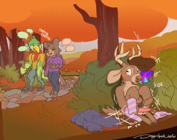 2025 aliasing ambiguous_gender anthro antlers aseprite_(artwork) autumn barefoot beak blue_bottomwear blue_clothing blue_highlights blue_pants blush bottomwear brown_body brown_fur brown_hair brown_nose cellphone clothed clothing day deer detailed_background digital_drawing_(artwork) digital_media_(artwork) digitigrade dithering dyyrlysh electronics erection exhibitionism feathers feet fully_clothed fur genitals grass green_body green_feathers group hair hiding highlights_(coloring) hoodie hooves horn kristoffer_everglade male male_only mammal multicolored_highlights new_world_deer nude outdoor_nudity outside pants path penis phone pink_blush pink_penis plant public public_nudity purple_clothing purple_highlights purple_hoodie purple_topwear red_scarf scared scarf shirt shrub smartphone snout speech_bubble tail tan_antlers tapering_penis topwear tree trio unguligrade walking walking_stick white-tailed_deer yellow_beak yellow_clothing yellow_shirt yellow_topwear