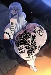ai_generated angelica_(library_of_ruina) bbc_tattoo beautiful big_ass big_breasts bitch blacked blacked_tattoo blue_eyes curvy curvy_female edited fat_ass gigantic_ass hot library_of_ruina narrow_waist project_moon qos qos_tattoo tattoos white_hair whored_out wide_hips