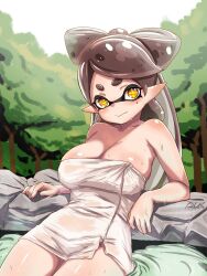 1girls breasts callie_(splatoon) cleavage female large_breasts long_hair looking_at_viewer mole mole_under_eye nintendo pointy_ears solo splatoon splatoon_(series) t2ukmyjm tentacle_hair thighs towel towel_only tree trees wet yellow_eyes