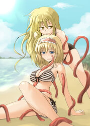 alice_margatroid beach between_breasts bikini blonde_hair blue_eyes breasts female hairband haji_(hajiko) hajiko human large_breasts long_hair marisa_kirisame multiple_girls pussy_juice short_hair swimsuit tentacle tentacle_between_breasts touhou yellow_eyes