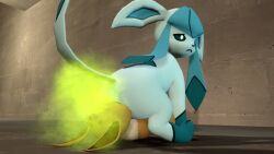 2019 3d ambiguous_gender ass blue_fur brown_fur canine eevee eeveelution facefarting fart fart_cloud fart_fetish farting_in_face generation_1_pokemon generation_4_pokemon glaceon nintendo pokemon pokemon_(species) rear_view sitting sitting_on_another yaltenjosh