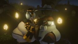 2girls alternate_body_type belly big_belly big_breasts black_hair blindfold blindfolded_female breasts bulging_belly chocolate_and_vanilla dark-skinned_female dark_skin fat fat_female female female_focus female_only grimhoofingit halloween halloween_costume jiangshi jiangshi_costume light-skinned_female light_skin nier nier:_automata nier_(series) obese obese_female seductive_clothes short_hair thighhighs tongue tongue_out white_hair witch witch_costume witch_hat yorha_2b yorha_2p