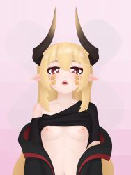 1girls 4024 akida_who blonde_hair breasts breasts_out coat collarbone dragon_girl horns indie_virtual_youtuber lips looking_at_viewer monster_girl navel nipples open_clothes open_mouth pointy_ears red_eyes scales_on_face self_upload sharp_teeth shirt_lift small_breasts solo virtual_youtuber акида