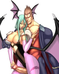 aqua_eyes aqua_hair areolae bat_wings breasts brown_hair capcom cleavage clothing couple darkstalkers demitri_maximoff demon_girl hair head_wings huge_cock large_breasts leotard morrigan_aensland nail_polish nipples pantyhose penis rabitt succubus thigh_sex uncensored vampire white_background wings