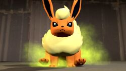 2019 3d ambiguous_gender black_eyes canine eevee eeveelution facefarting fart fart_cloud fart_fetish feral flareon fur furry generation_1_pokemon indoors mammal nintendo orange_fur pokemon pokemon_(species) sitting sitting_on_another yaltenjosh yellow_fur