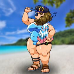 ... aj_(aj_freakj) aj_freakj alternate_version_available beach beach_towel big_breasts blue_hat brown_hair bulge bulge_through_clothing eggman_empire eggman_logo glasses goggles_on_forehead hand_on_hip one-piece_swimsuit sandals sonic_(series) sonic_the_hedgehog_(series) thick_thighs thigh_strap transgender_pride_colors