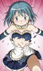 1girls ai_generated almost_naked anti_hero antiheroine blue_clothing blue_eyes blue_hair convenient_censoring embarrassed embarrassed_female exploding_clothes female magical_girl mahou_shoujo_madoka_magica miki_sayaka pink_background puella_magi_madoka_magica tearing_clothes tomboy white_clothing
