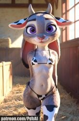 3d ai_generated anthro bikini bunny_girl cow_ears cow_horns cow_print cow_print_legwear cowprint cowprint_bikini fake_horns furry judy_hopps micro_bikini pdbai tagme zootopia