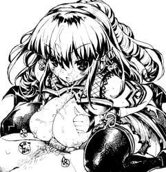 artist_request breasts cum large_breasts monochrome mutsutake thick_thighs thighs uncensored