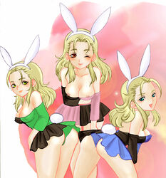 3girls animal_ears ass blonde_hair blue_eyes blush breasts bunny_ears bunny_girl_(dq8) bunny_tail clothing dragon_quest dragon_quest_viii dress erect_nipples erect_nipples_under_clothes female female_only green_eyes human loco_(shiosai_reach) long_hair looking_at_viewer medium_breasts multiple_girls nipples_visible_through_clothing open_mouth panties red_eyes smile tail uncensored white_skin wink