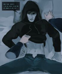 2boys bare_stomach bed gay hoodie jeans lying_on_back lying_on_bed male male/male male_focus male_only no,_i'm_not_a_human oversized_hoodie pov pov_eye_contact protagonist_(no,_i'm_not_a_human) sinbeast_(artist) sleepless_man_(no,_i'm_not_a_human) speech_bubble suggestive yaoi