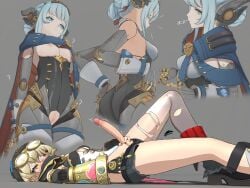 1futa 1girls android android_girl ass blonde_hair blush booty_shorts daydream fantasizing female futa_masturbation futanari genshin_impact hoyoverse ineffa_(genshin_impact) jahoda_(genshin_impact) masturbation mihoyo robot_girl roninsune