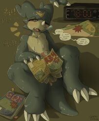after_masturbation after_orgasm alarm_clock bandai_namco blush blush_lines bodily_fluids bubble claws clock covering covering_crotch cum cum_on_chest cum_on_self dialogue digimon digimon_(species) drooling genital_fluids magazine male open_mouth qrnrr saliva simple_background sitting snot snot_bubble solo speech_bubble sweat sweatdrop talking_to_self text tired veemon waking_up
