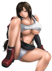 1girls areolae belt big_breasts black_hair blush boots breasts brown_eyes brown_hair busty cleavage elbow_gloves erect_nipples female female_only final_fantasy final_fantasy_vii fingerless_gloves fumizuki_misoka gloves huge_breasts human large_breasts latina latina_female latina_milf long_hair midriff miniskirt overflowing_breasts panchira panties pantyshot sitting skirt skirt_lift smooth_skin solo suspenders tank_top tifa_lockhart underboob underwear white_background white_panties