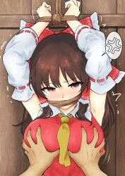 1boy 1girls absurd_res absurdres against_wall anger_vein angry angry_expression angry_face armpits arms_above_head arms_up big_breasts blush bondage bound bound_wrists breast_grab breasts brown_eyes brown_hair clothed dark-skinned_male detached_sleeves dress faceless_male female femsub first_person_view flustered forced fully_clothed gag gagged grabbing grabbing_another's_breast grabbing_breasts groping groping_breasts hair_ornament hair_ribbon hands_on_breasts hi_res high_resolution highres hinben imminent_rape indoors japanese_clothes kidnapped large_breasts light-skinned_female long_hair looking_at_viewer male maledom miko molestation motion_lines necktie ponytail rapist_pov red_dress reimu_hakurei restrained restrained_arms rope rope_bondage shaking shrine_maiden struggling tied_hair touhou worried worried_expression