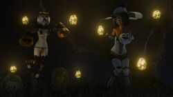 1girls 2girls barefoot black-haired_female black_hair blindfold blindfolded_female chocolate_and_vanilla dark-skinned_female dark_skin female female_focus female_only grimhoofingit halloween halloween_costume jiangshi jiangshi_costume light-skinned_female light_skin nier nier:_automata nier_(series) seductive_clothes short-haired_female short_hair small_breasts thighhighs white-haired_female white_hair witch witch_costume witch_hat yorha_2b yorha_2p