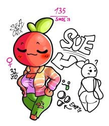 2024 :3 ? arrow_(symbol) artist_signature big_ass big_breasts blush character_name clothed female fruit_humanoid hands_on_hips jacket jacket_open oc onixsea original original_character peach_(fruit) reference_sheet short_female shortstack sue_(onixsea) text torn_clothing wide_hips