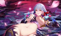 absurdres albino bow breast_press breasts breasts_out commentary_request cowboy_shot dated earrings fate/grand_order fate_(series) female flower hairbow highres jewelry kama_(adult)_(fate) kama_(assassin)_(third_ascension)_(fate) kama_(fate) large_breasts long_hair looking_at_viewer lying navel on_back petals photoshop_(medium) pink_background pussy red_bow red_eyes revealing_clothes signature smile solo variant_set white_hair yun_lin