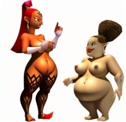 2girls ai ai_art ai_assisted ai_generated belly_button breasts brown_hair chubby chubby_female dark-skinned_female dark_skin earrings female_focus females females_only fingerless_gloves gerudo hylian hylian_ears light-skinned_female light_skin looking_at_each_other mamamu_yan nabooru naked naked_females navel nintendo nipples nude nude_females ocarina_of_time pointy_ears quinzo11 red_hair round_ears self_upload simple_background slim slim_female standing standing_females stockings tattoos the_legend_of_zelda the_legend_of_zelda:_ocarina_of_time thick_thighs thighhighs white_background