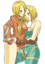 2girls bare_shoulders blonde_hair blush bodysuit bottomless brown_eyes clothed crotch_rub female final_fantasy final_fantasy_tactics final_fantasy_tactics_(original) fingerless_gloves frottage geomancer geomancer_(fft) gloves long_hair monk monk_(fft) multiple_girls night-light pubic_hair pussy pussy_juice red_eyes short_hair smile sweat tied_hair twintails uncensored yuri