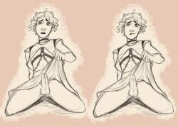 balls biting_lip black_and_white bondage_harness bondage_under_clothes chains choker circumcised crossdressing cum_drip curly_hair erection erection_under_skirt exposed_penis exposing_self facing_viewer freckles freckles_on_face gay looking_at_viewer looking_pleasured male_focus male_only on_knees partially_clothed partially_nude penis precum presenting_penis sketch skirt_lift skirt_lifted_by_self sleeveless_shirt solo solo_focus surprised_expression two_panel_image upskirt