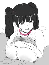 big_breasts black_hair cum huge_breasts inverted_nipples looking_at_viewer nao_(ritsancrossover) necklace paizuri pink_necklace smile sweaty sweaty_body