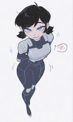 1girls ai ai_created ai_generated armor armored_female arms_behind_back black_hair blue_bodysuit blue_eyes bodysuit female female_only from_above heart invincible invincible_(tv_series) looking_at_viewer low_twintails seductive seductive_look seductive_smile self_upload sfw shittyaistuff short_hair simple_background solo spoken_heart standing tech_jacket tech_jacket_(zoe_thompson) white_background wiggle_lines