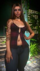 1girls 3d 4k areola_slip areolae_slip belly belly_button big_lips blue_eyes breasts brown_body brown_hair brown_skin busty busty_female choker chromatic_aberration chubby chubby_belly clothed clothing crashbanditkut curvaceous curvy day daytime depth_of_field earrings eyebrows eyelashes eyeliner eyeshadow fat_belly fat_lips female female_focus freckles freckles_on_face greenhouse hair half-closed_eyes hi_res high_resolution highres huge_lips human jeans lips lipstick long_eyelashes long_hair looking_at_viewer makeup mascara mature mature_female nail_polish nails navel navel_piercing original original_character piercing plant ring ring_(jewelry) small_breasts smile smiling smiling_at_viewer solo solo_female solo_focus tan_body tan_skin tanline thick thick_hips thick_thighs thighs tight_clothing topwear virt-a-mate virtamate voluptuous voluptuous_female