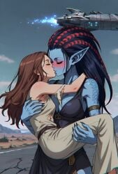 2girls age_difference ai_generated alien/human alien_girl black_fingernails black_hair black_sclera blue_skin brown_hair carrying_partner closed_eyes clothed clouds dessert extraterrestrial female/female female_only glowing_eyes happy height_difference human_female kissing light-skinned_female long_hair looking_at_partner lovers loving_gaze married_couple original pointy_ears post_apocalyptic red_eyes red_highlights reincarnation reunion road scales smiling_at_partner spacecraft tagme tall_female torn_clothes video wholesome wife_and_wife wild_hair yuri
