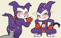 angry anus bandai_namco bikini blush bodily_fluids clothing demon digimon digimon_(species) duo erection female fingers genitals gloves gray_skin handwear hi_res humanoid imp impmon itsunknownanon looking_back male male/female penetration penile penile_penetration penis purple_body purple_tail rear_view sex sweat swimwear tail two-piece_swimsuit vaginal_penetration vulva